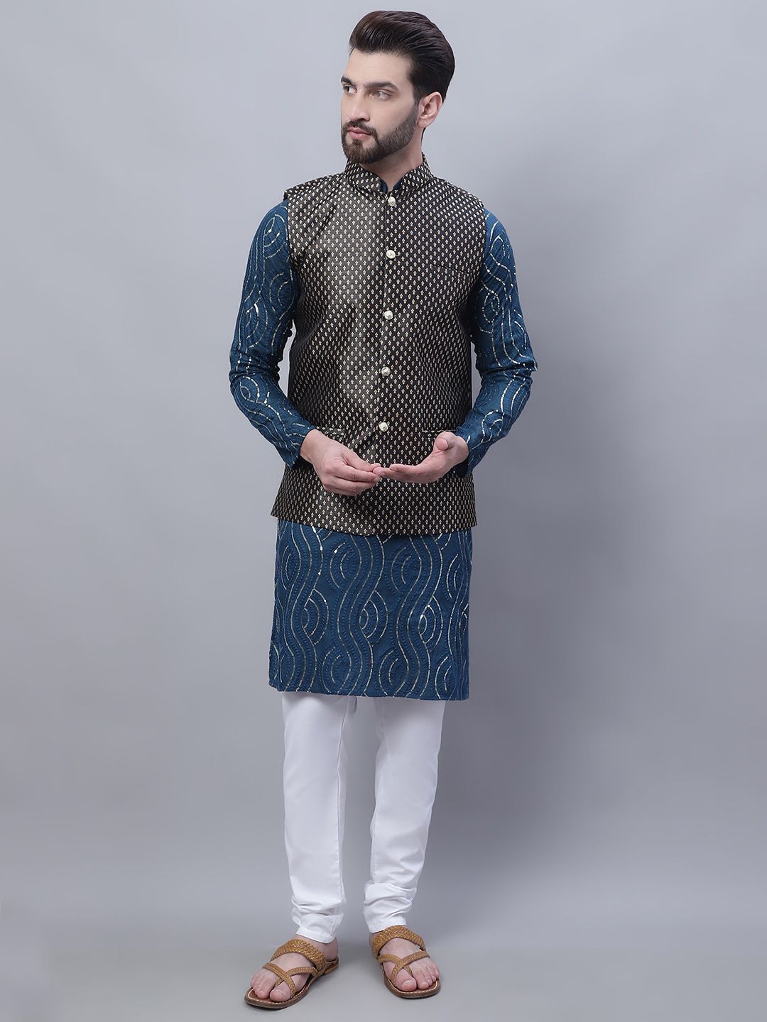 SOJANYA Leheriya Mandarin Collar Pure Cotton Kurta with Pyjamas & Nahru Jacket