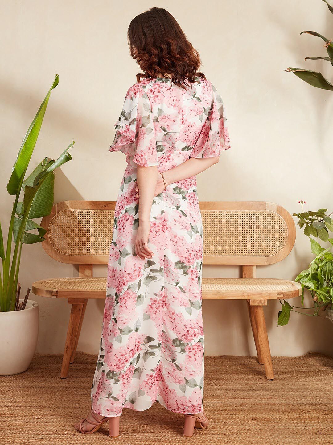 Berrylush White Floral Printed Flutter Sleeve Gathered Georgette Wrap Dress