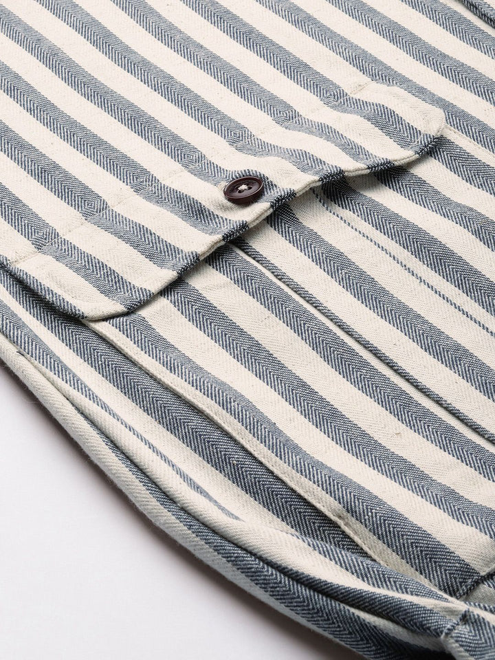 Mr Bowerbird Men Off White Navy Blue Striped Tailored Jacket