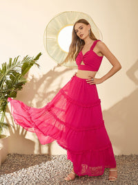 Berrylush Pink Self Design Shoulder Straps Sleeveless Smocked Fitted Crop Top