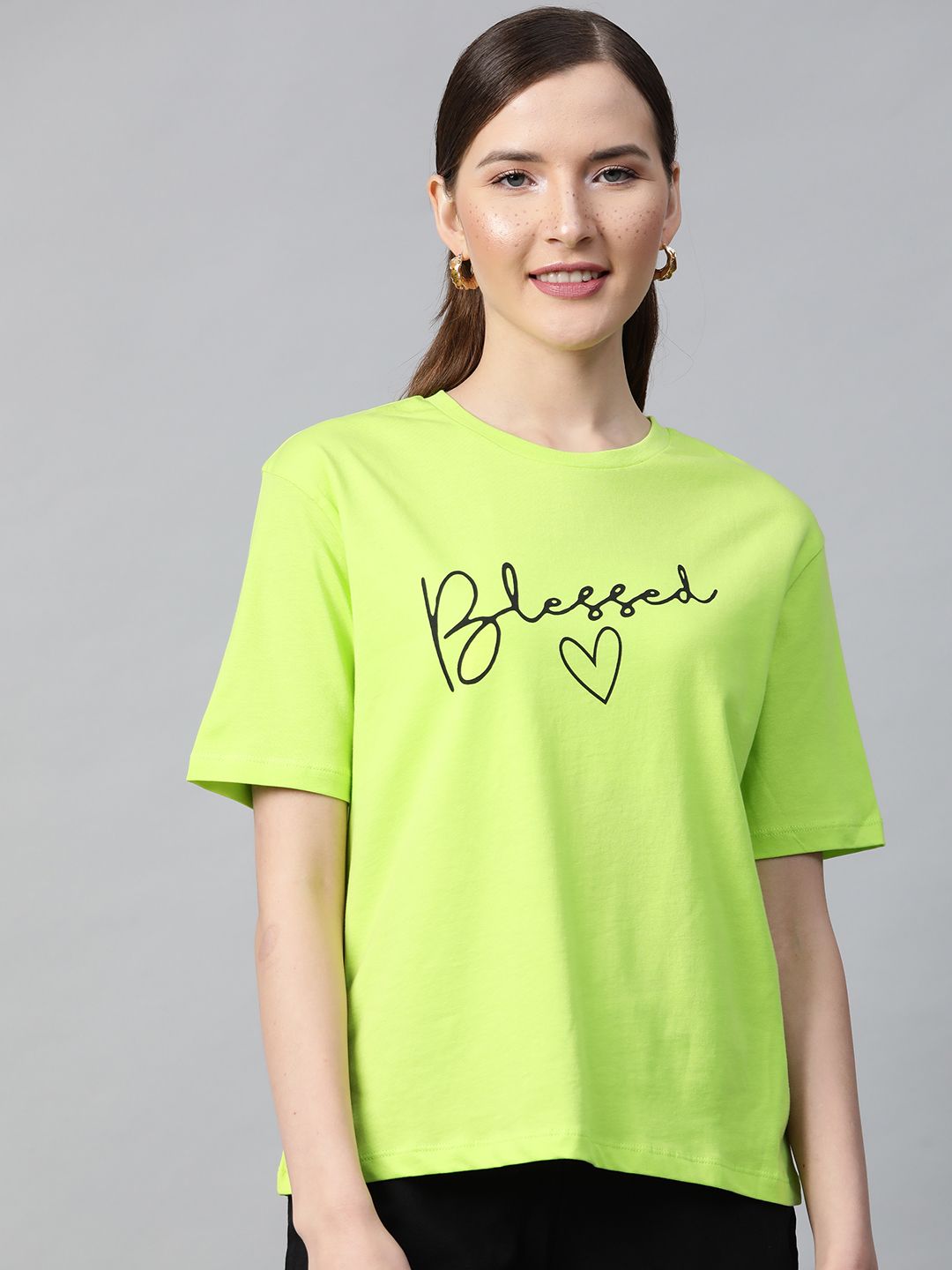 SASSAFRAS Women Fluorescent Green Blessed Print Round Neck T-shirt