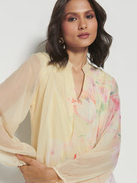 AND Floral Printed Mandarin Collar Cuffed Sleeves Pleated Top