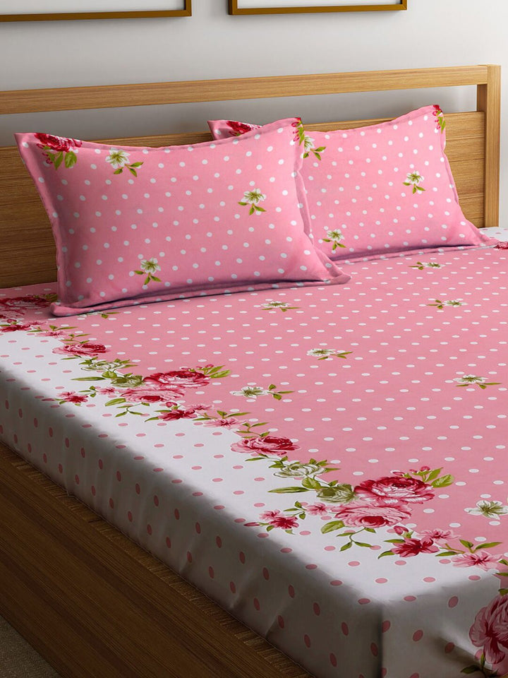KLOTTHE Floral Print 300 TC Fitted Double King Bedsheet with 2 Pillow Covers