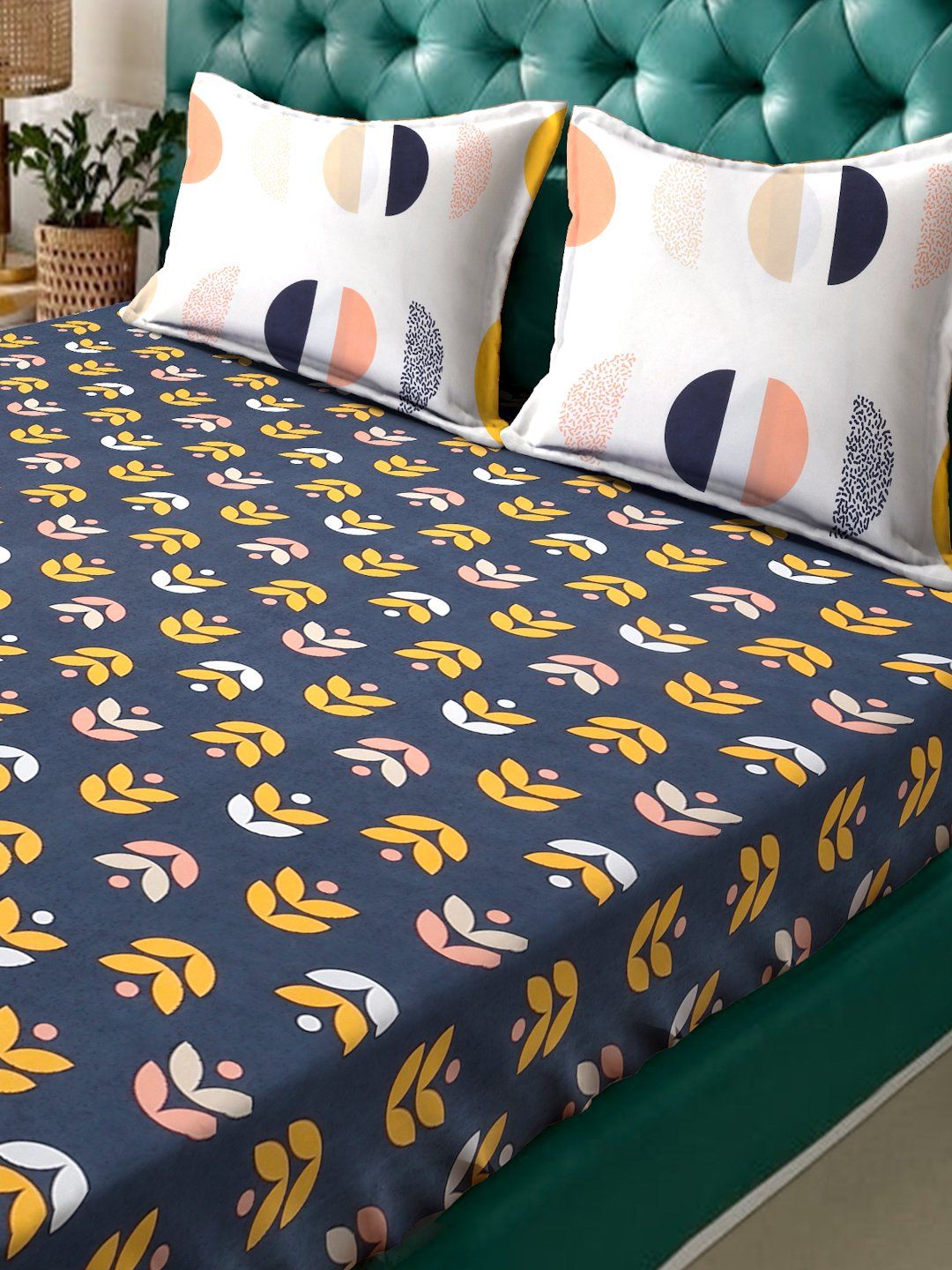 Myntra Elegant Homes Blue & Yellow Floral 300 TC King Bedsheet with 2 Pillow Covers