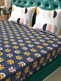 Myntra Elegant Homes Blue & Yellow Floral 300 TC King Bedsheet with 2 Pillow Covers
