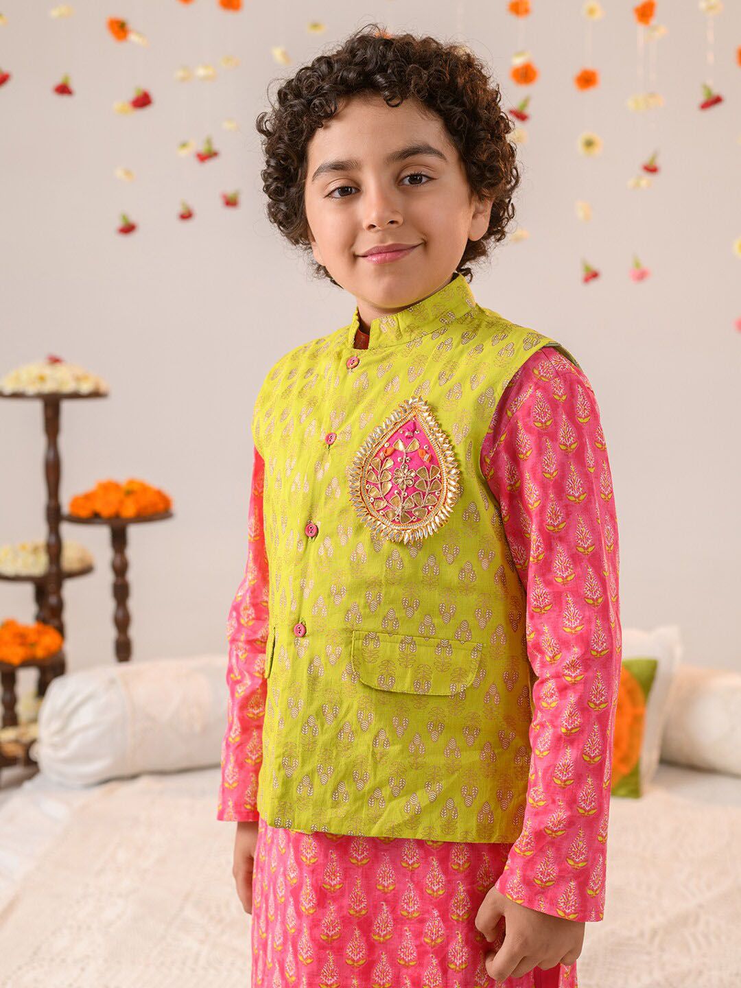 pspeaches Boys Ethnic Motifs Printed Pure Cotton Kurta With Pyjamas And Nehru Jacket