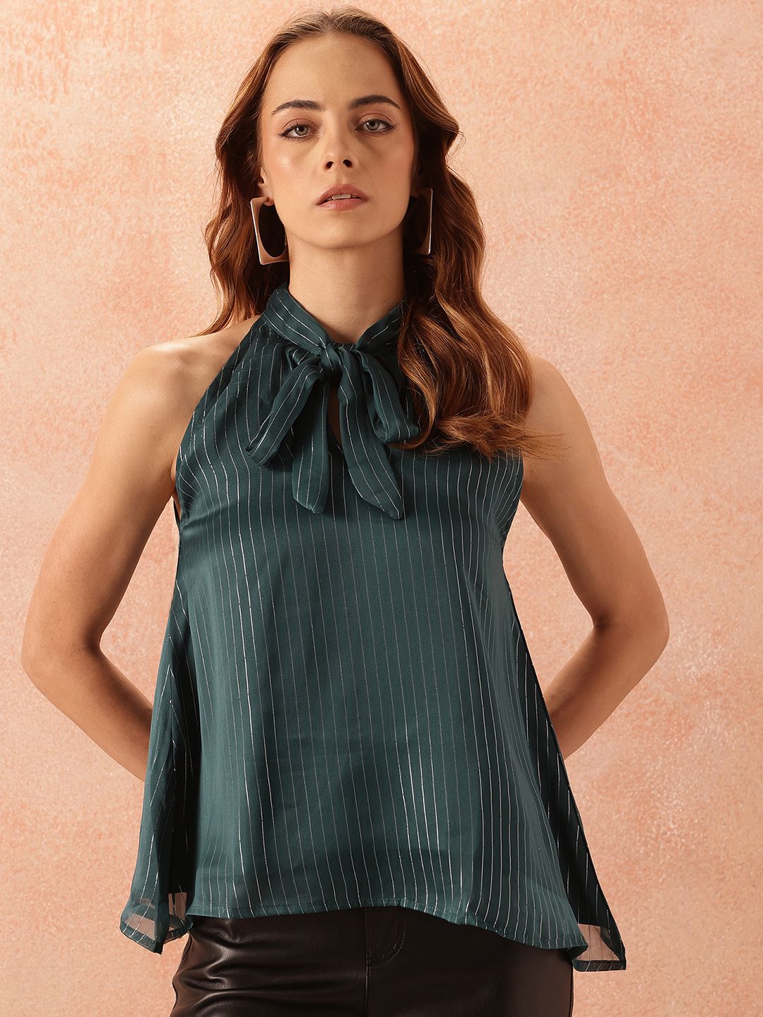 all about you Vertically Striped Knot Detail Halter Neck A-Line Top