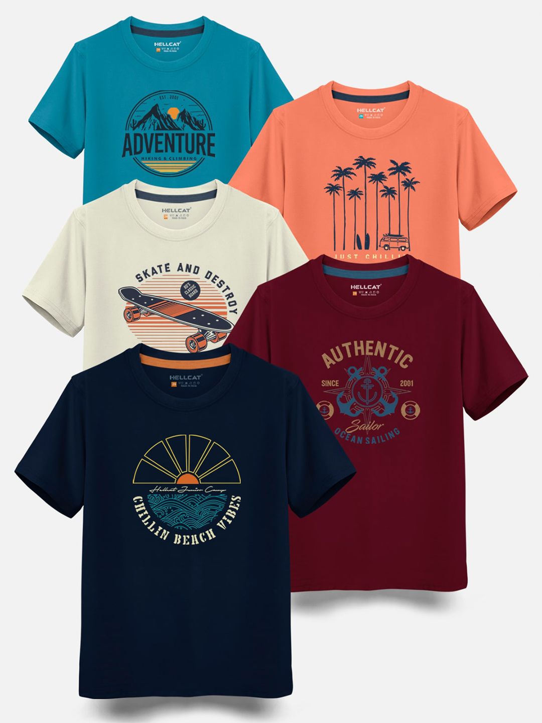 HELLCAT Boys Pack Of 5 Printed Cotton T-shirt
