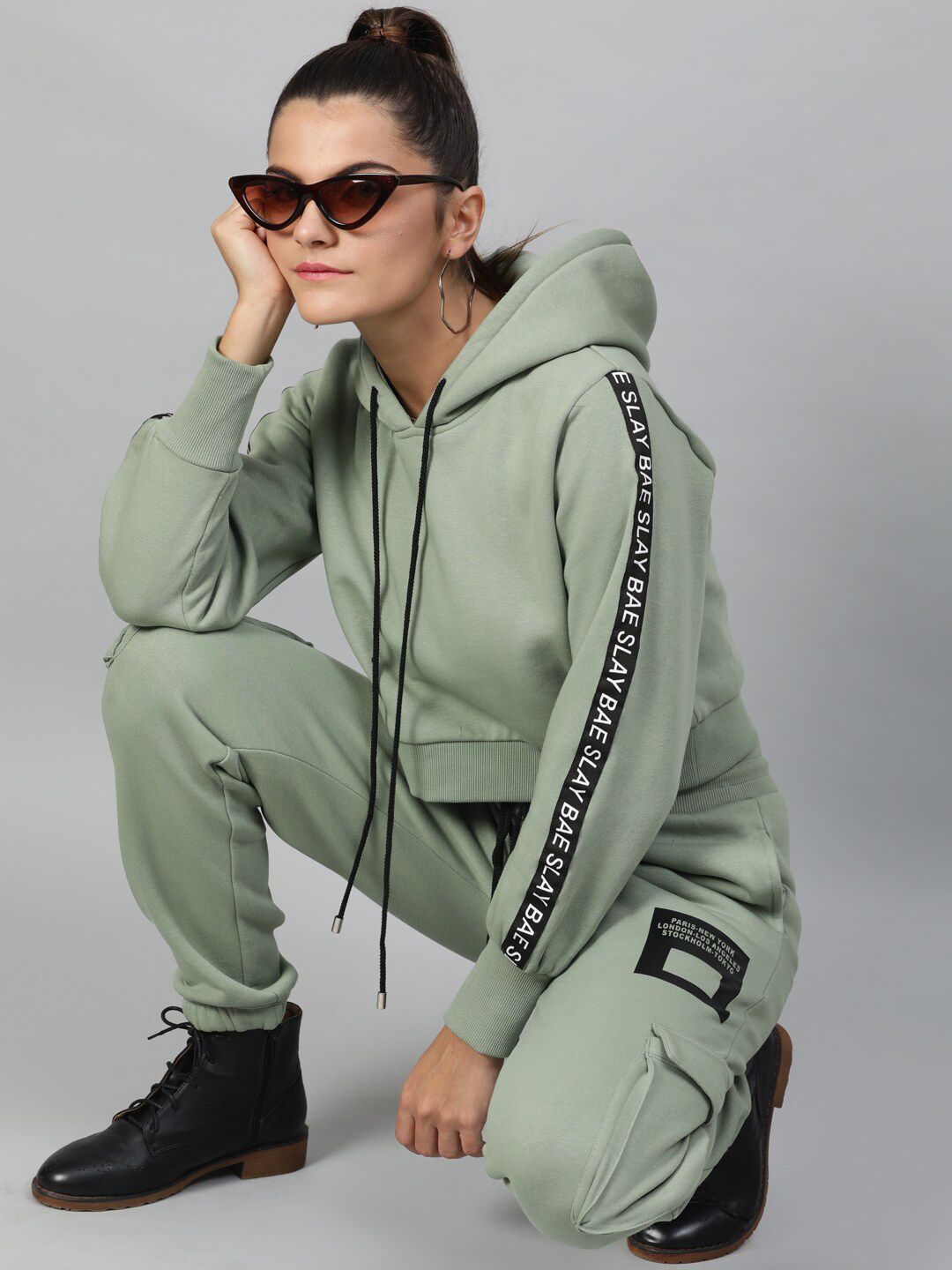 STREET 9 Women Sage Green Solid Hooded Crop Sweatshirt