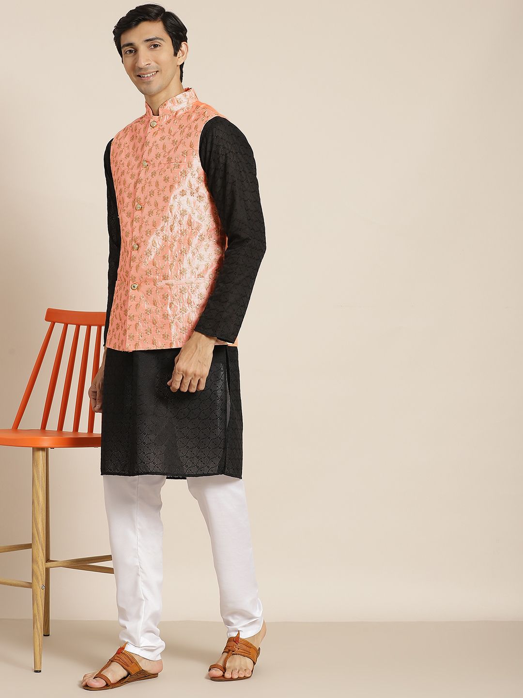 SOJANYA Men Black Ethnic Motifs Chikankari Pure Cotton Kurta with Churidar & Nehru Jacket
