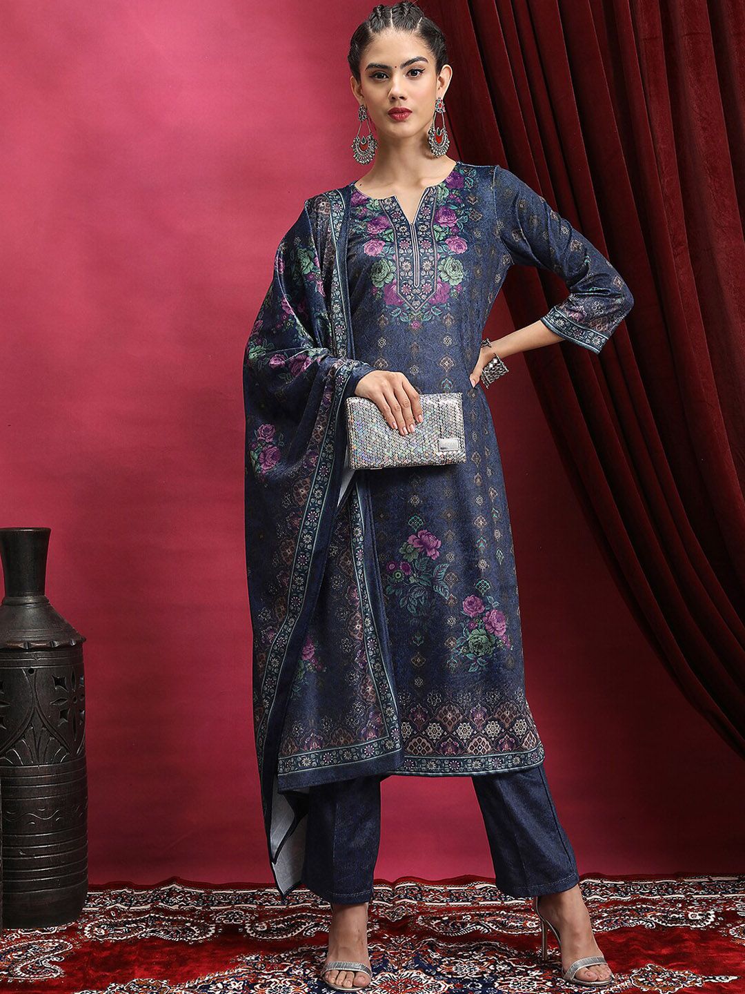 Vishudh Navy Blue Floral Printed Mandarin Collar Straight Kurta & Palazzos With Dupatta