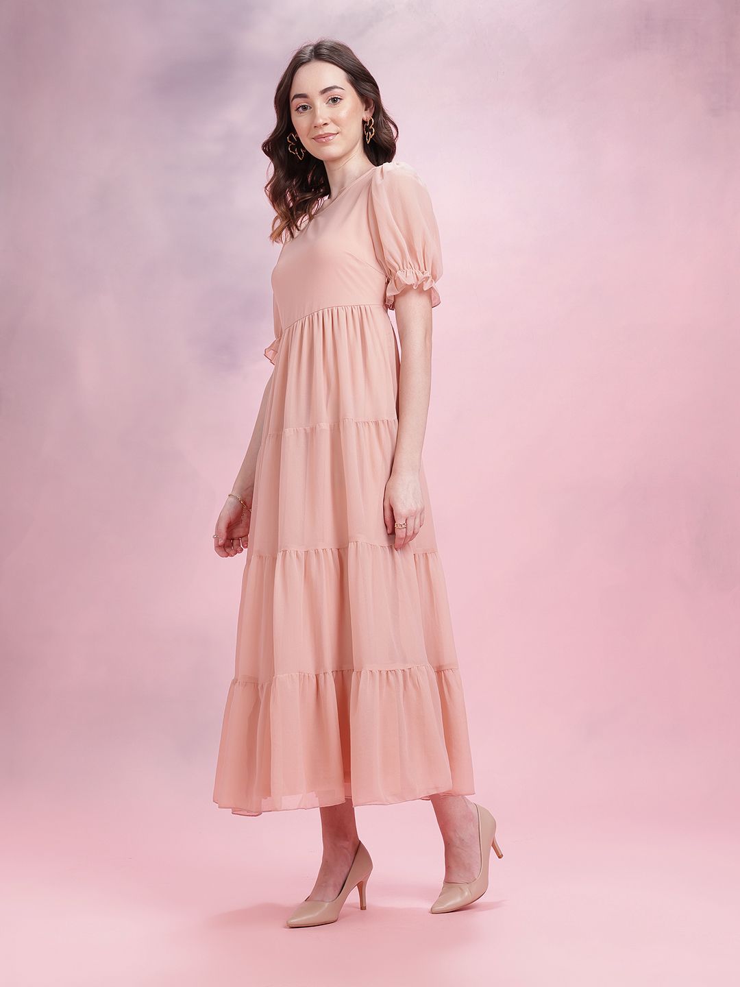 DressBerry Puff Sleeve Tiered A-Line Midi Dress