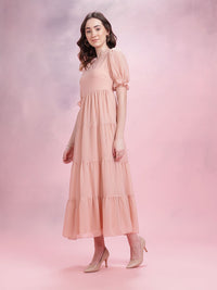 DressBerry Puff Sleeve Tiered A-Line Midi Dress