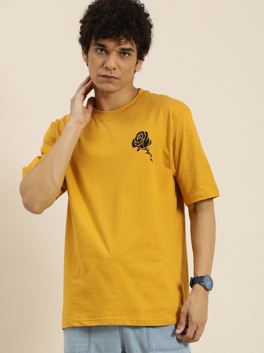 DILLINGER Men Mustard Yellow & Black Printed Pure Cotton Oversized T-shirt
