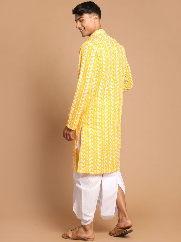 VASTRAMAY Men Orange Ethnic Motifs Embroidered Chikankari Pure Cotton Kurta with Dhoti Pants