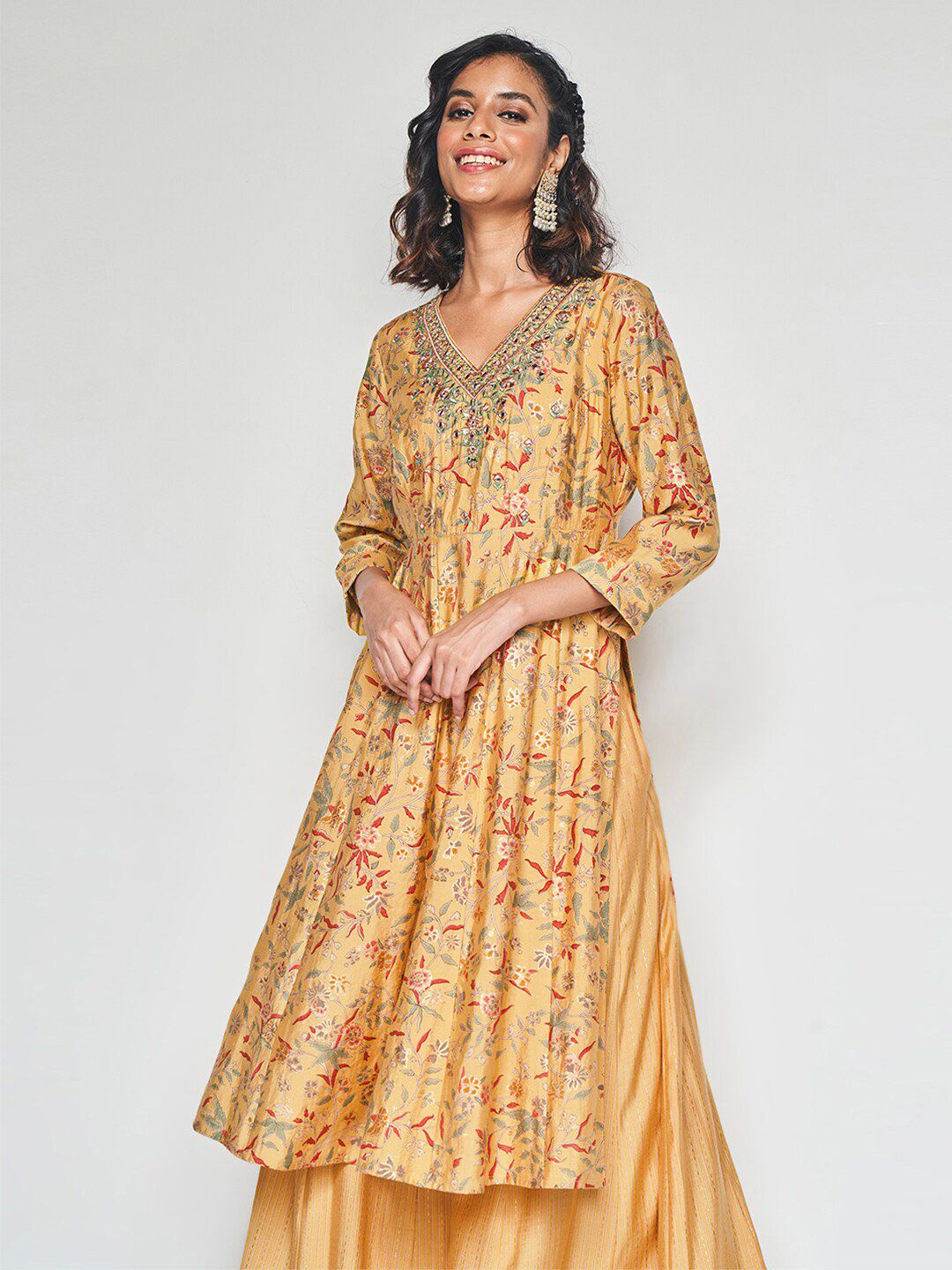 Global Desi Floral Printed Thread Work Kurta With Skirt