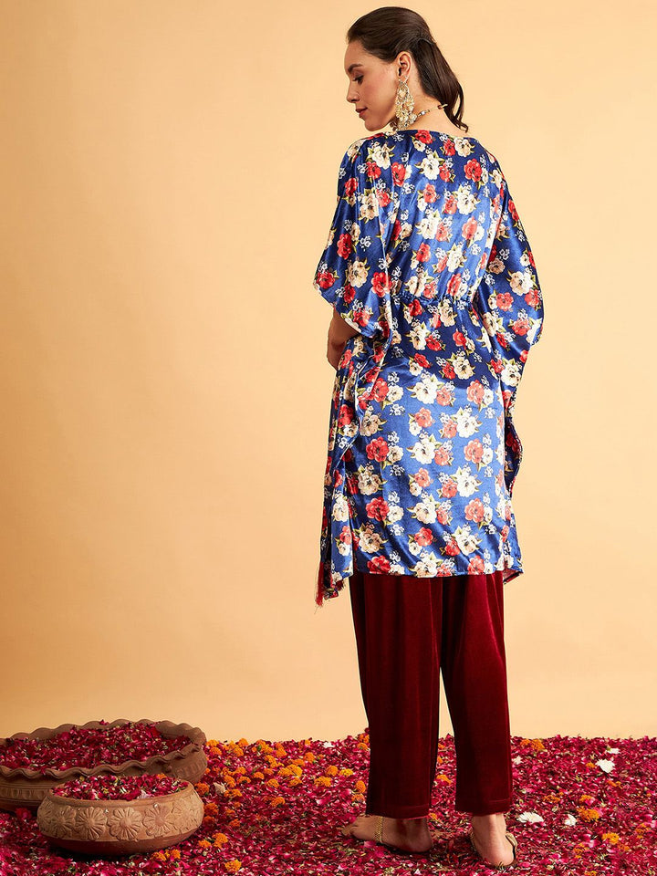 Shae by SASSAFRAS Floral Printed Velvet High Low Kaftan Kurta