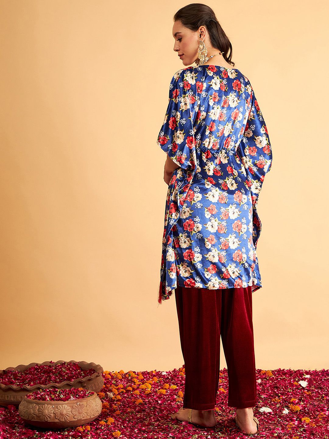 Shae by SASSAFRAS Floral Printed Velvet High Low Kaftan Kurta