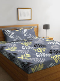 KLOTTHE Grey Leaf Polycotton 300 TC Fitted King Fine Bedsheet dengan 2 Sarung Bantal-98 x 87 inci