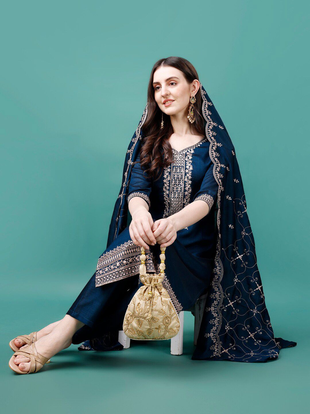 KALINI Ethnic Motifs Sequinned Embroidered V-Neck kurta With Pant & Dupatta
