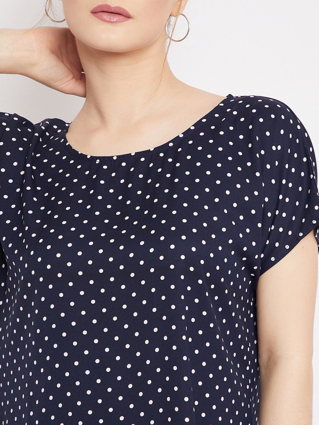 Berrylush Women Navy Blue & White Polka Dot Printed Crepe T-shirt Mini Dress