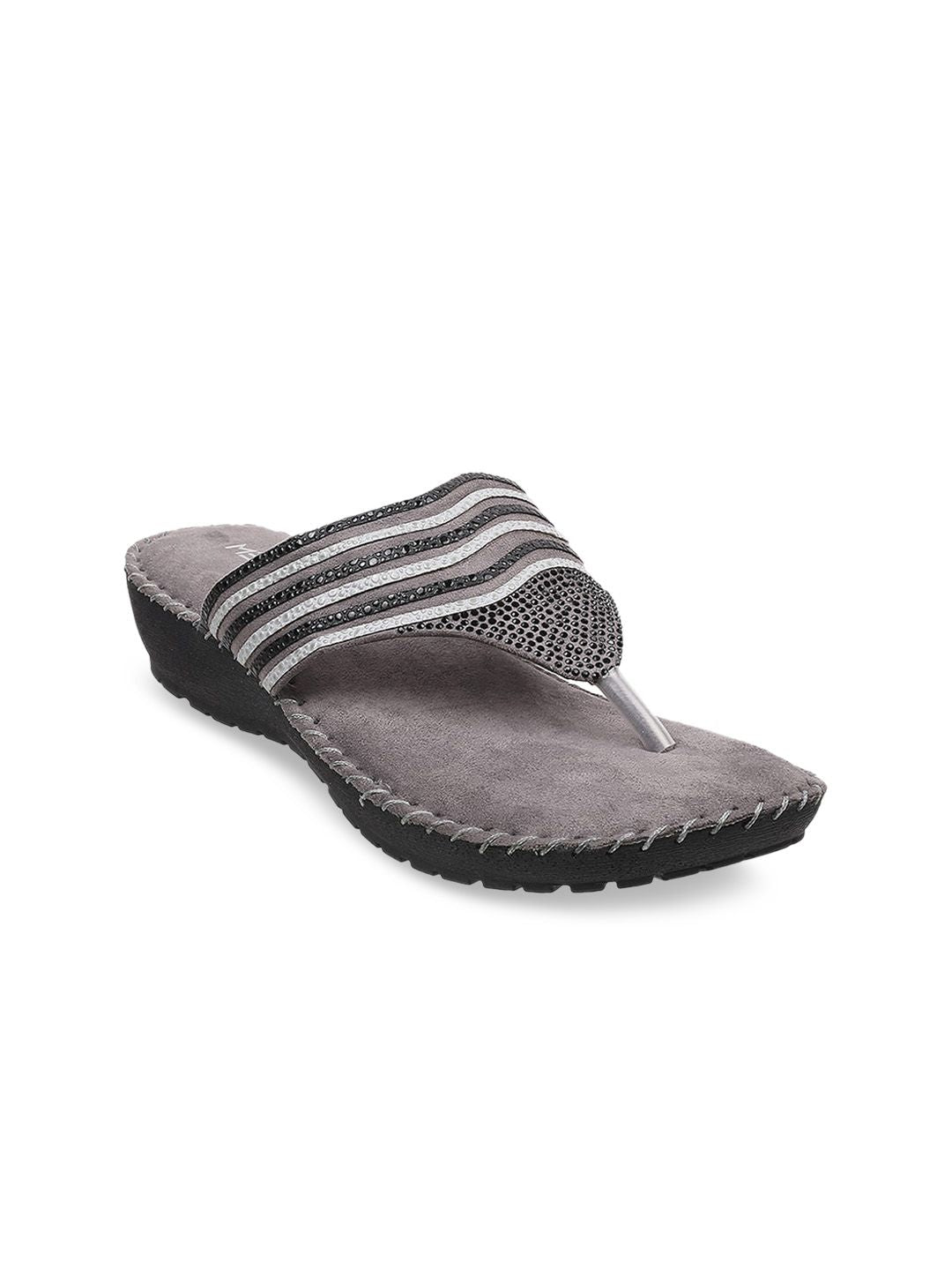 Metro Women Grey Embellished Comfort Sandals