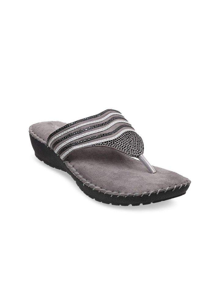 Metro Women Grey Embellished Comfort Sandals