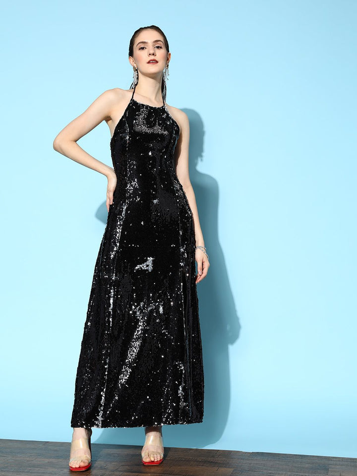 Berrylush Black Halter Neck Sequined Bodycon Maxi Dress