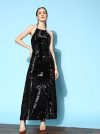 Berrylush Black Halter Neck Sequined Bodycon Maxi Dress
