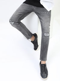 LOCOMOTIVE Men Grey Slim Tapered Fit Mildly Distressed Heavy Fade Stretchable Jeans