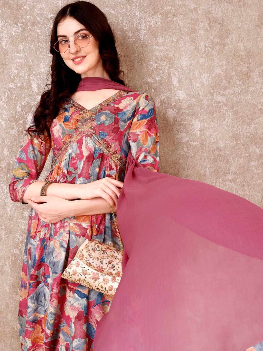KALINI Floral Printed Regular Thread Work Anarkali Kurta With Trousers & Dupatta