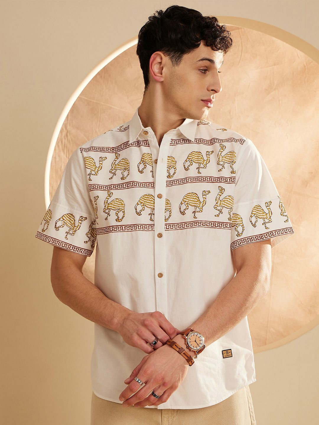 DENNISON Smart Ethnic Motifs Printed Spread Collar Oversized Cotton Casual Shirt