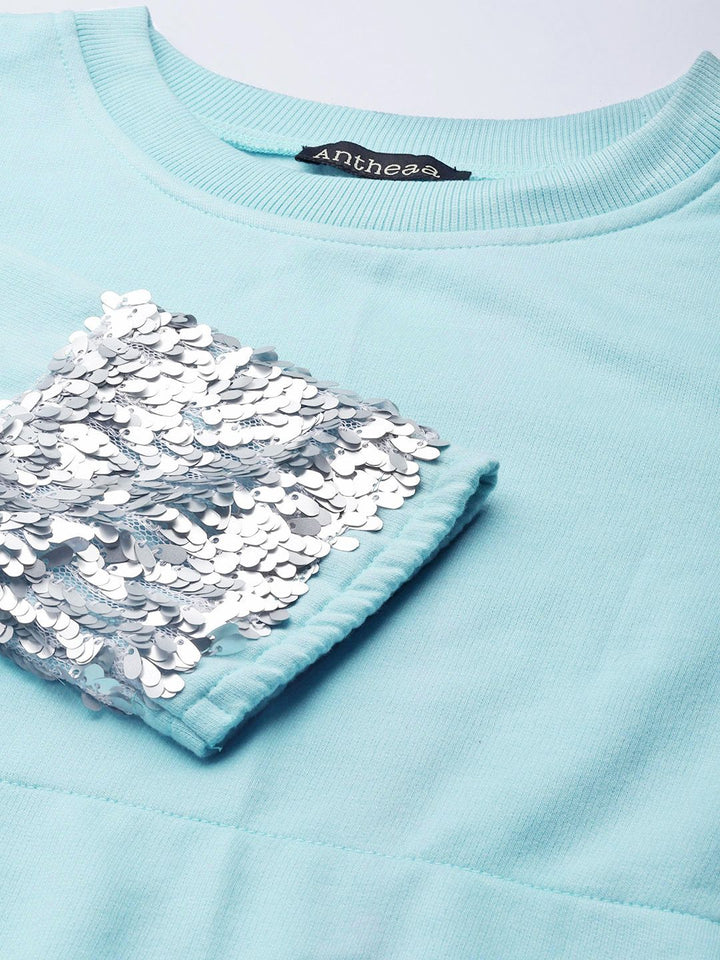 Antheaa Women Turquoise Blue Sweatshirt