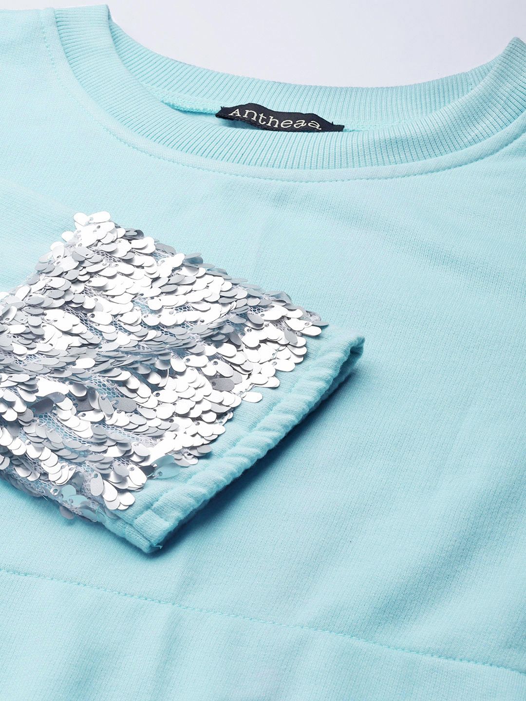 Antheaa Women Turquoise Blue Sweatshirt