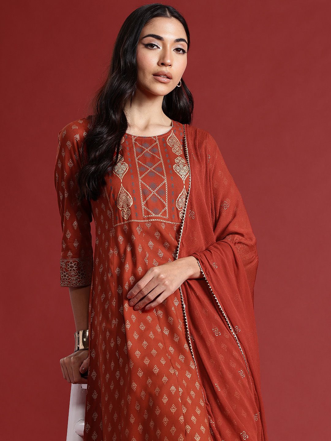Anouk Women Ethnic Motifs Printed Pleated Kurta with Trousers & Dupatta