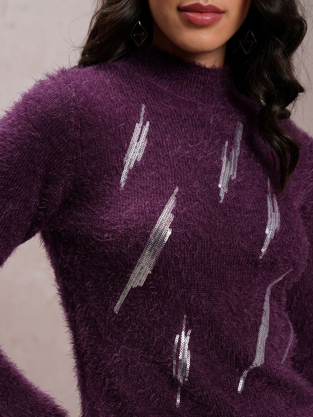 Tokyo Talkies Purple Embellished High Neck Acrylic Pullover