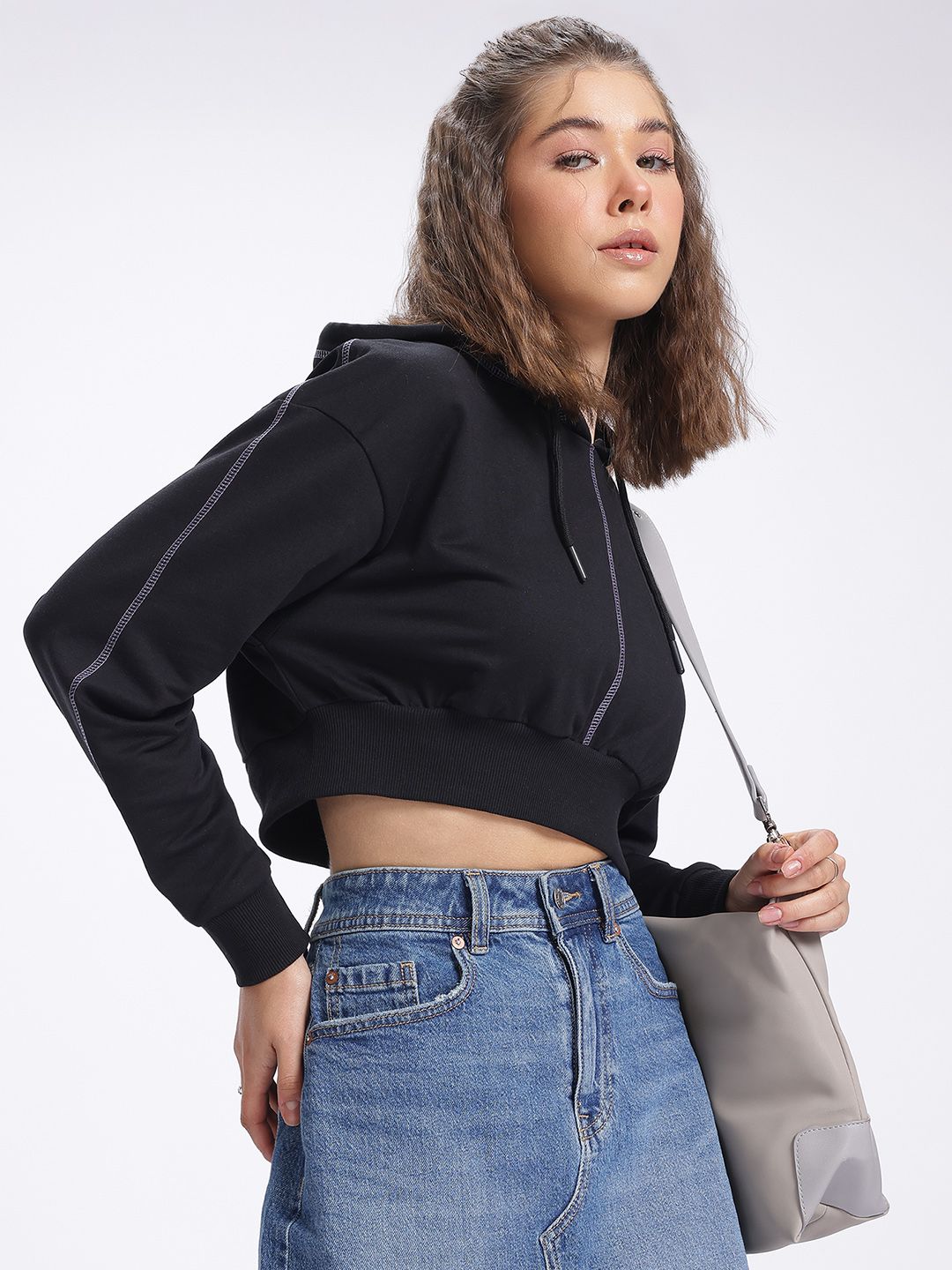 DressBerry Drop-Shoulder Sleeves Crop Hooded Sweatshirt