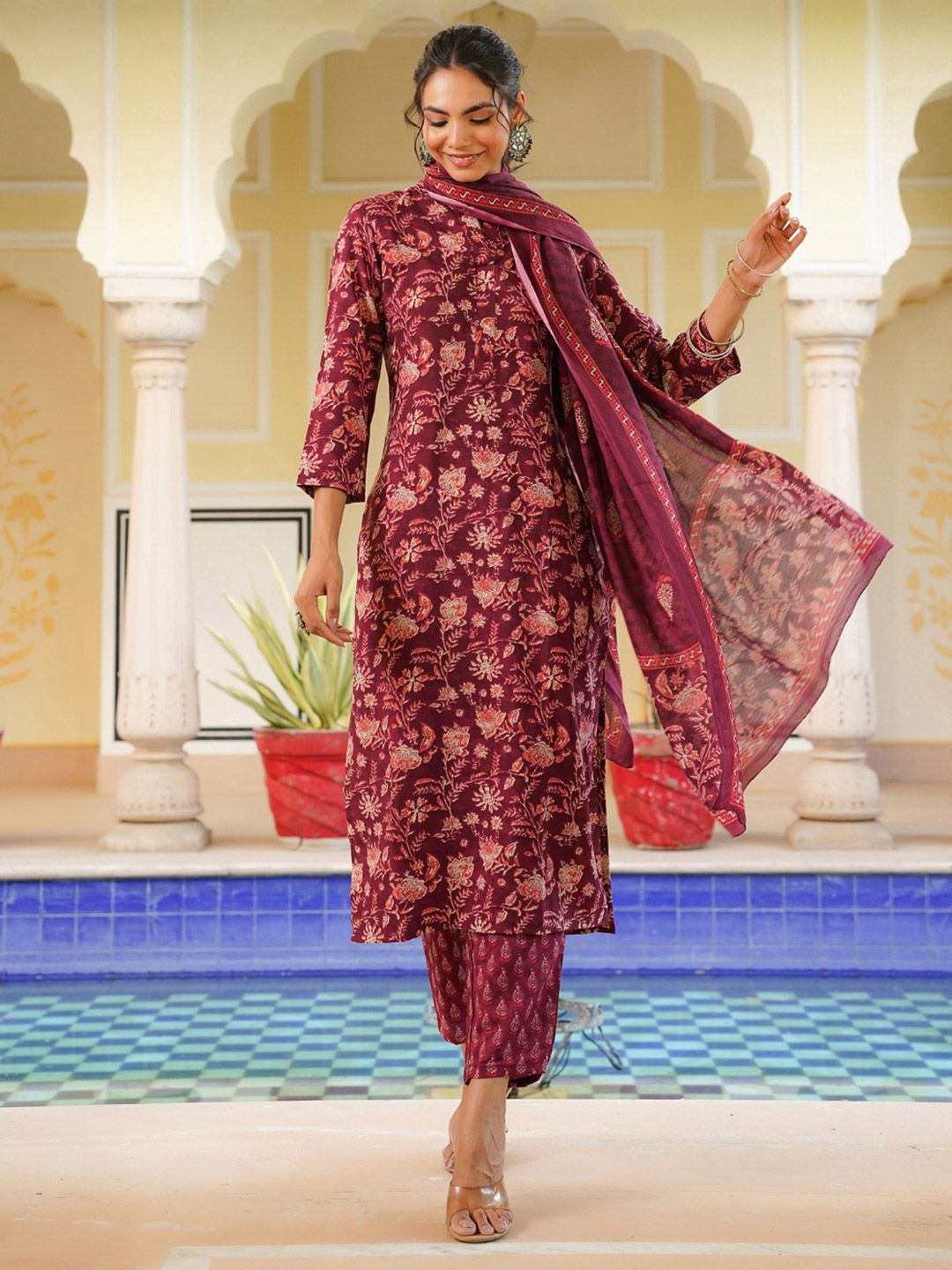 KALINI Floral Printed Straight Kurta With Trousers & Dupatta