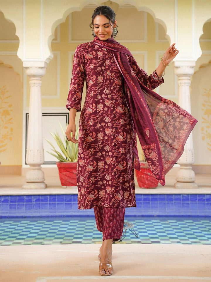 KALINI Floral Printed Straight Kurta With Trousers & Dupatta