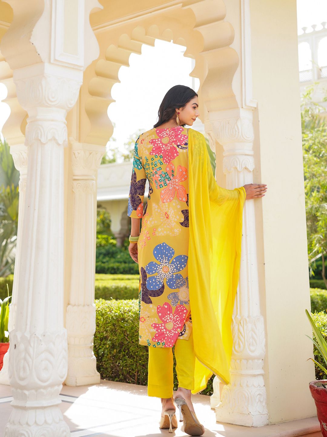 KALINI Floral Printed V-Neck Straight Kurta With Trousers & Dupatta