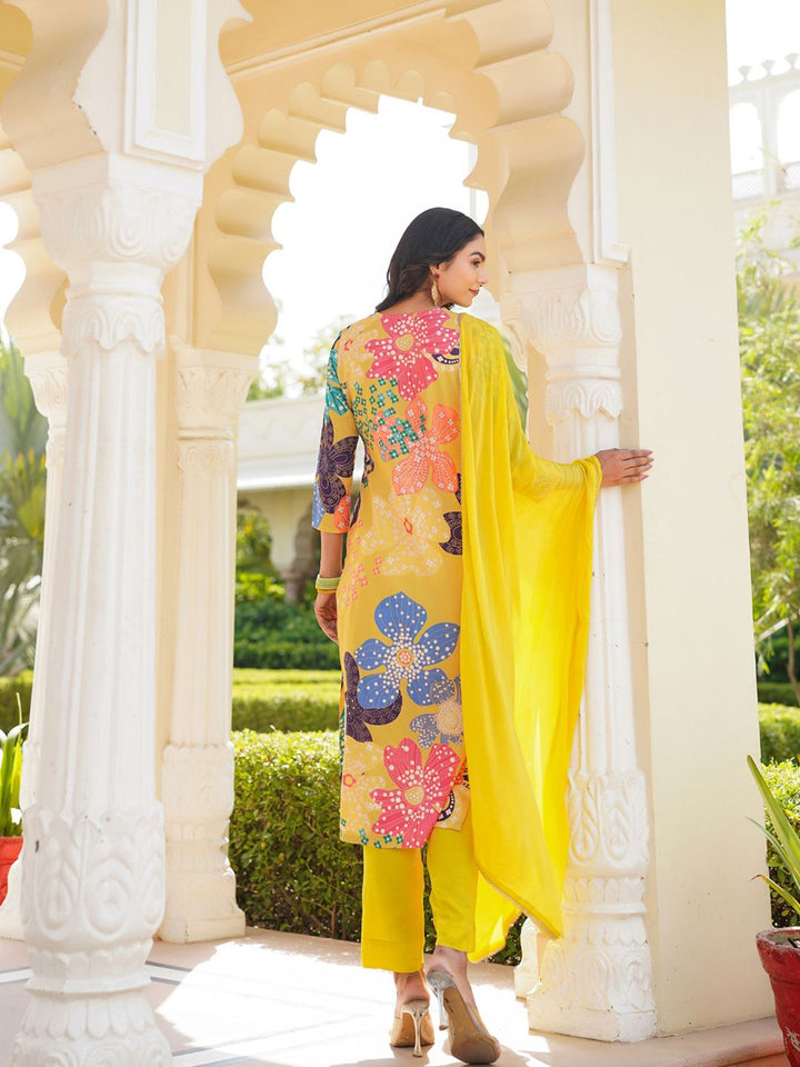 KALINI Floral Printed V-Neck Straight Kurta With Trousers & Dupatta