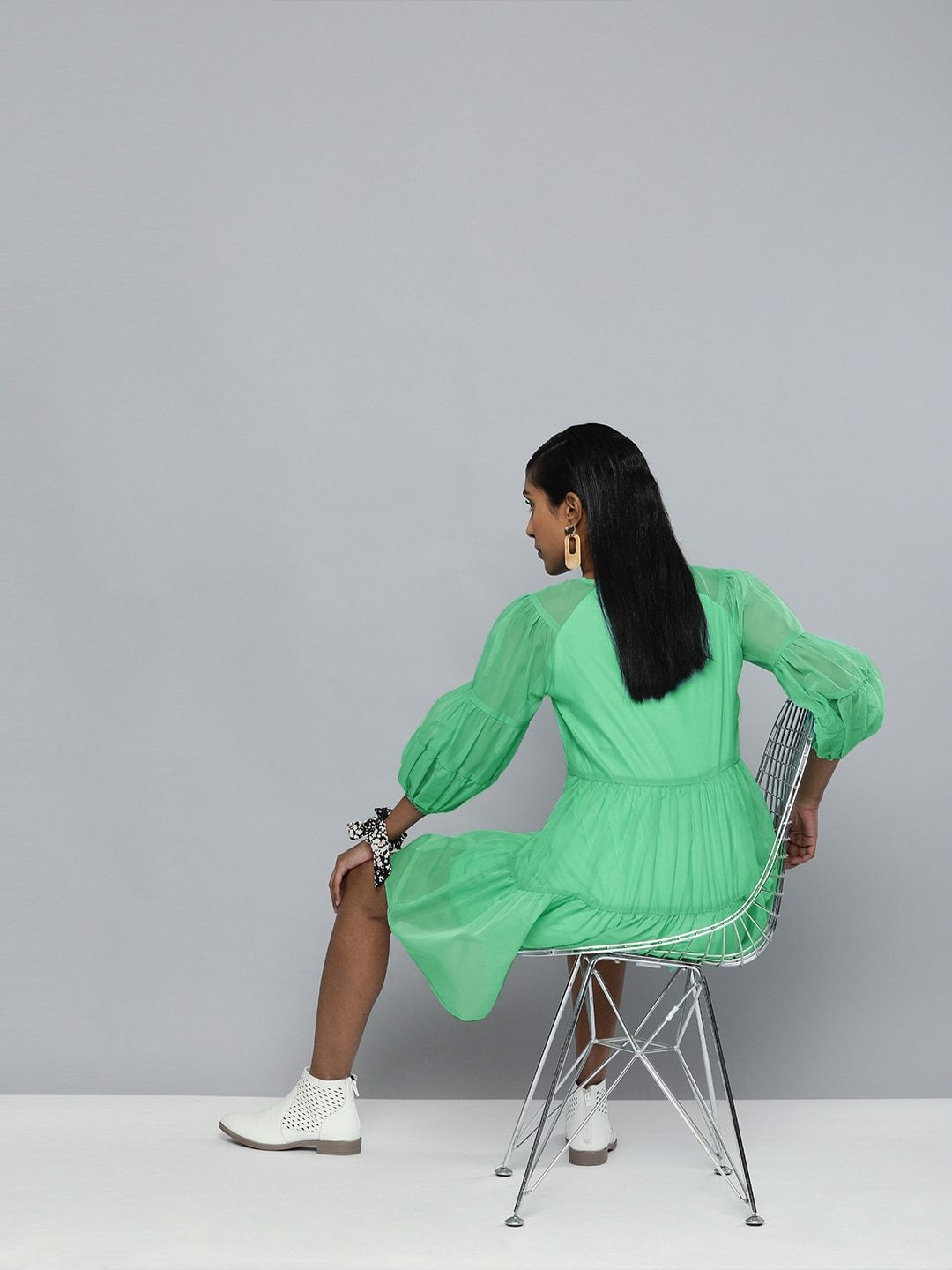 SASSAFRAS Women Green Solid Tiered Puff Sleeves A-Line Dress