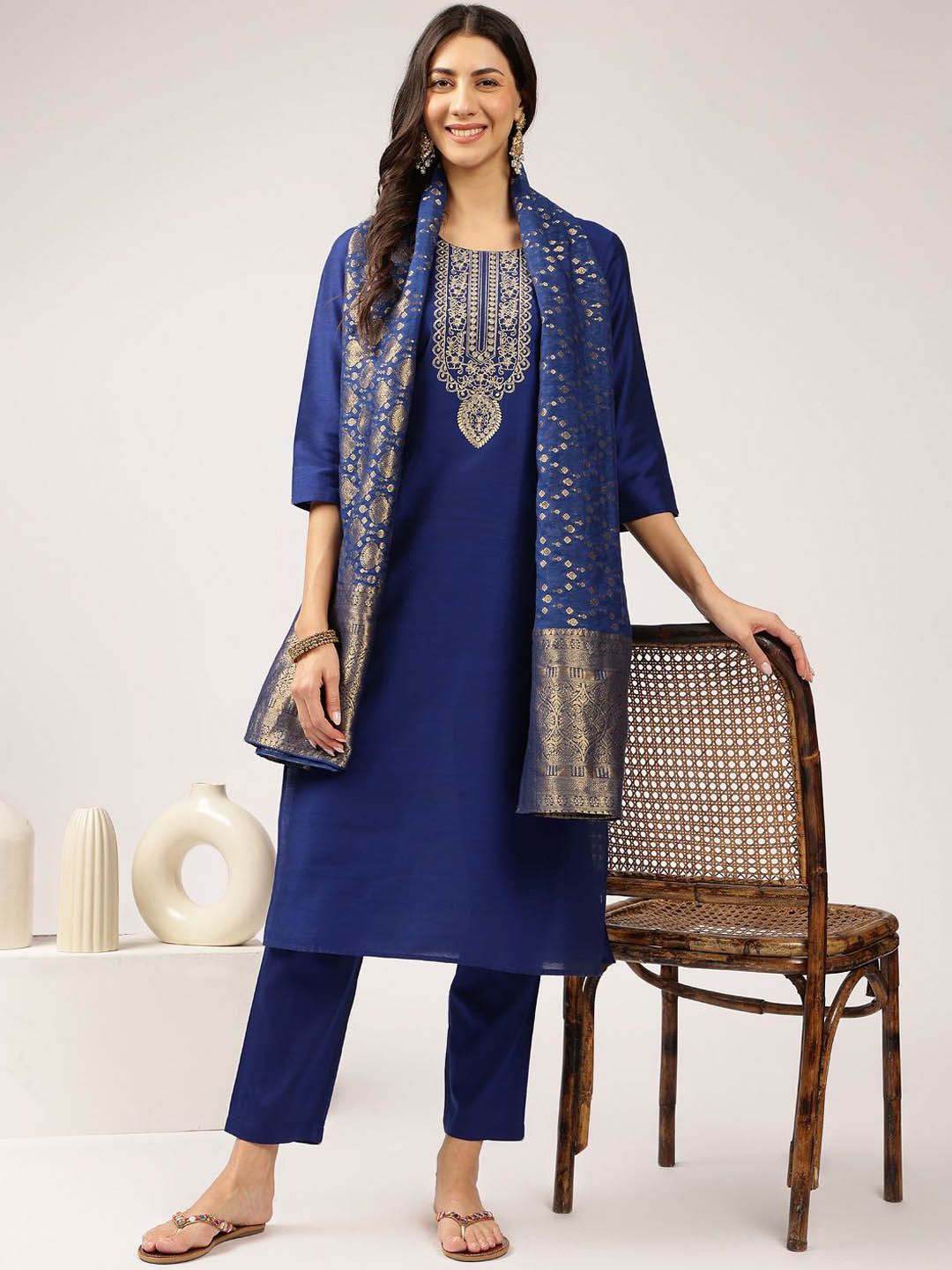 Anouk Blue Floral Embroidered Straight Kurta with Trousers & Dupatta