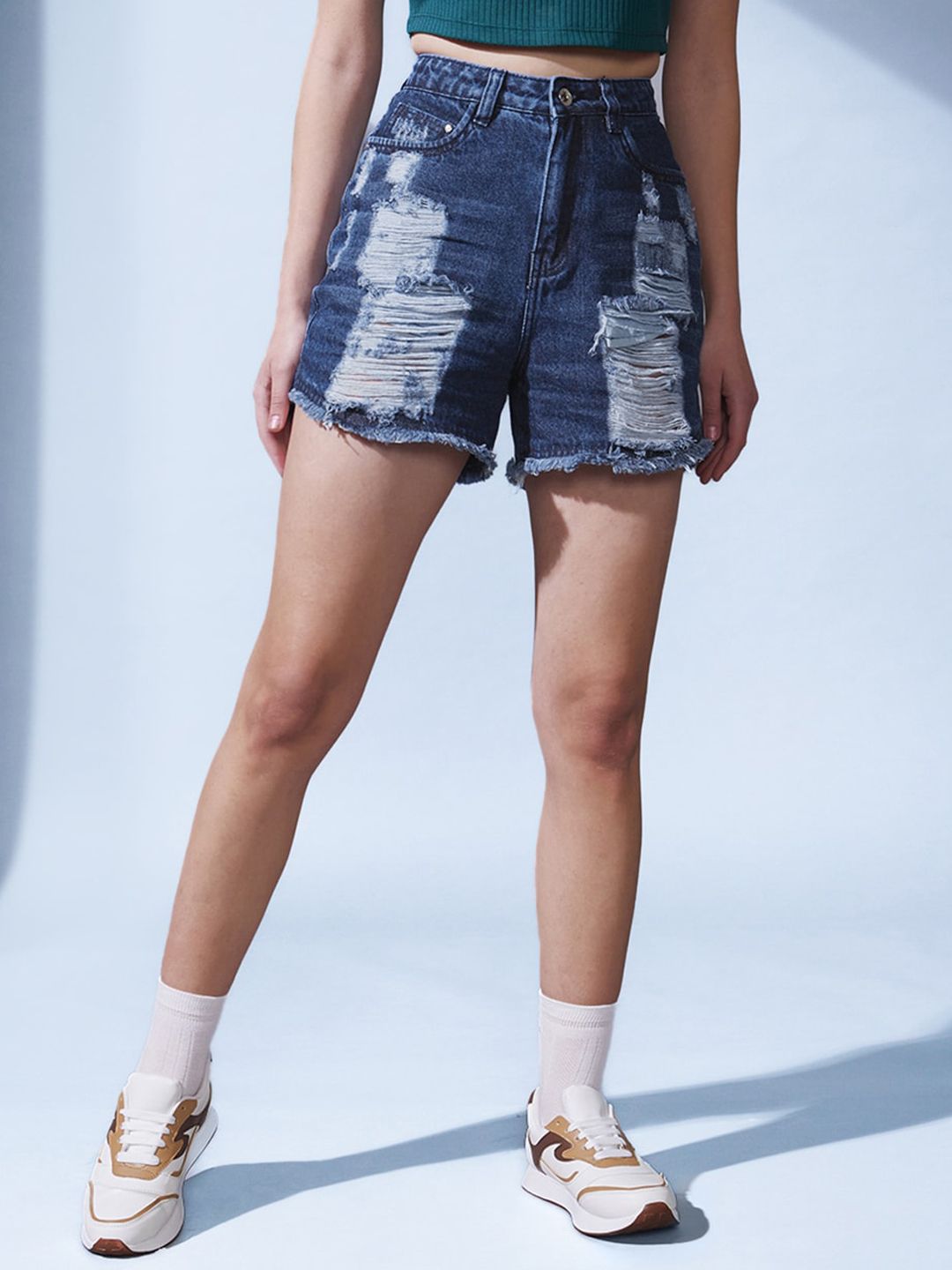 STREET 9 Women Washed High-Rise Denim Denim Shorts