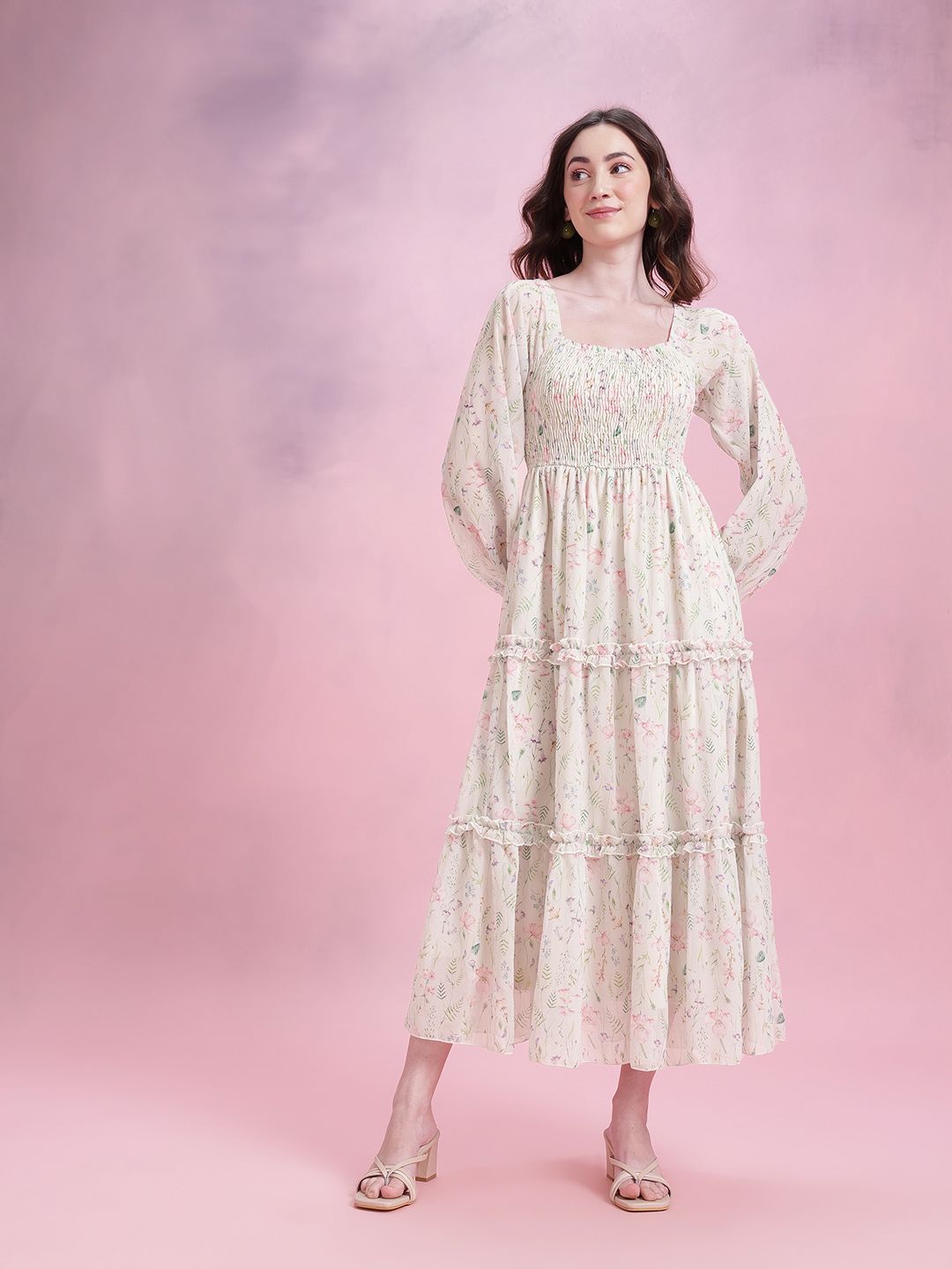 DressBerry Floral Print Tiered A-Line Midi Dress