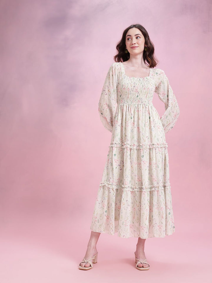 DressBerry Floral Print Tiered A-Line Midi Dress