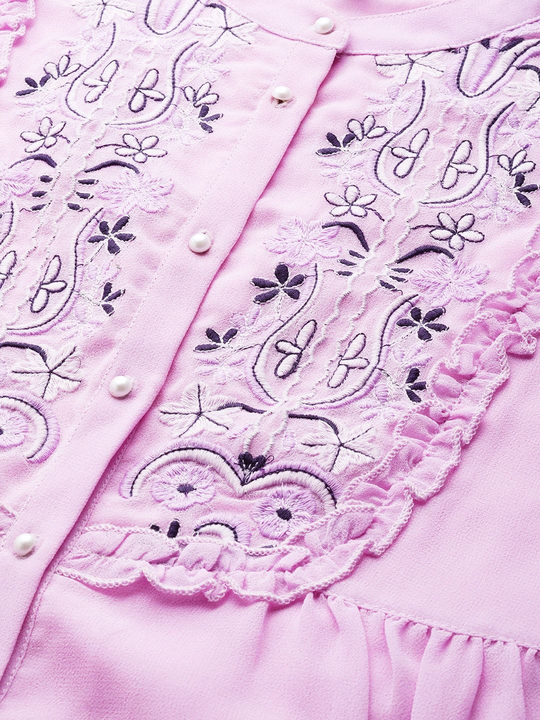Antheaa Lavender Embroidered Mandarin Collar Puff Sleeves A-Line Top