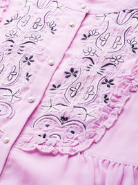 Antheaa Lavender Embroidered Mandarin Collar Puff Sleeves A-Line Top