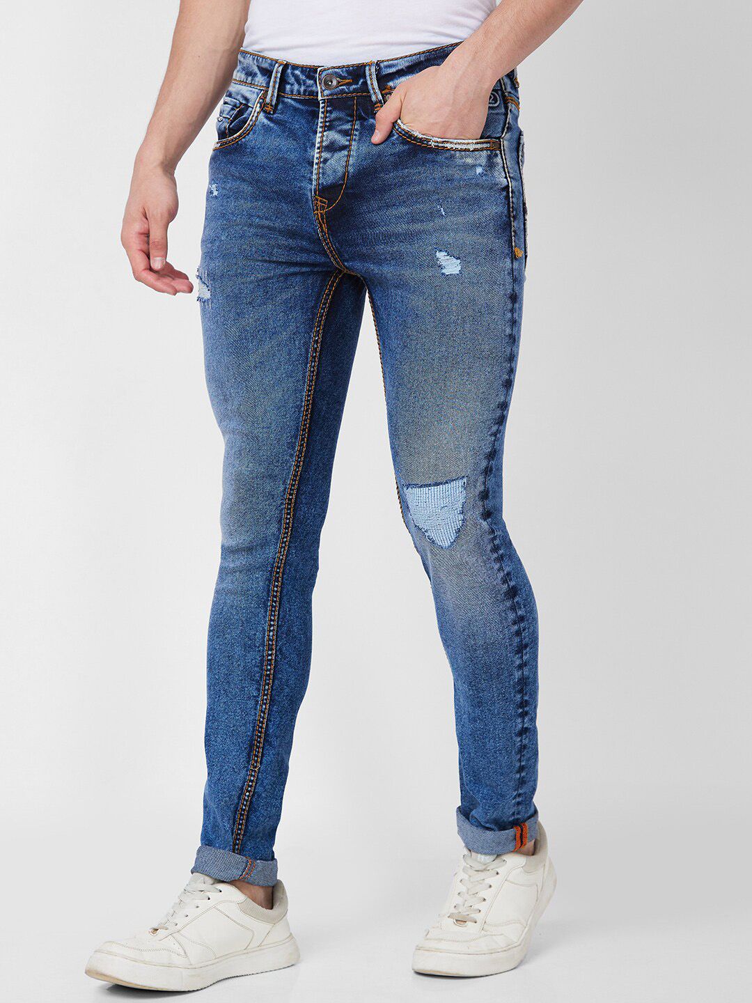 SPYKAR Men Skinny Fit Low-Rise Mildly Distressed Heavy Fade Whiskers Cotton Jeans