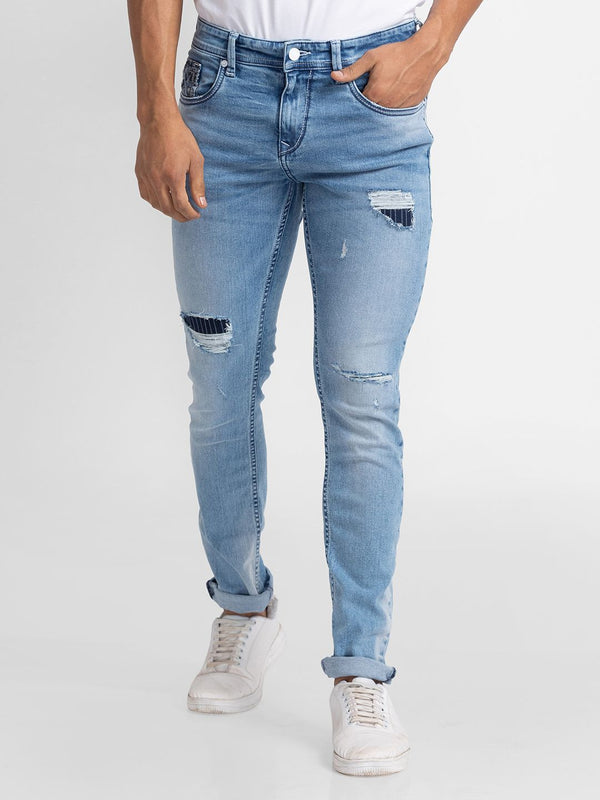 SPYKAR Lelaki Skinny Fit Low-Rise Sedikit Bermasalah Cahaya Pudar Seluar Jeans Regangan